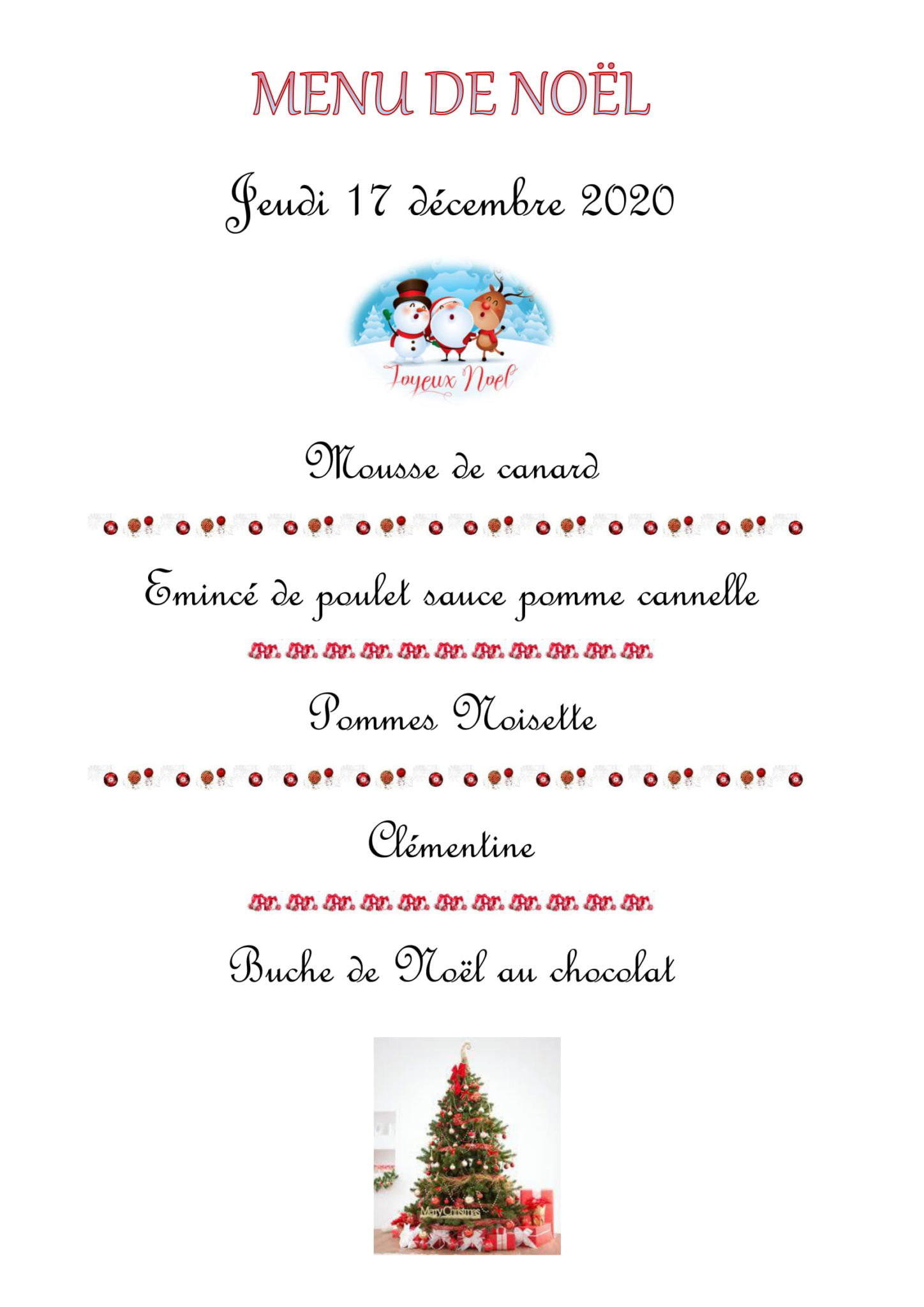 Menu de Noël La HoussayeBéranger